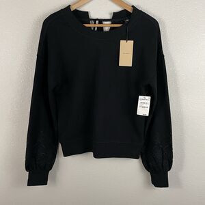 Halogen Womens XS Black Eyelet Balloon Sleeve Tie Back Sweater